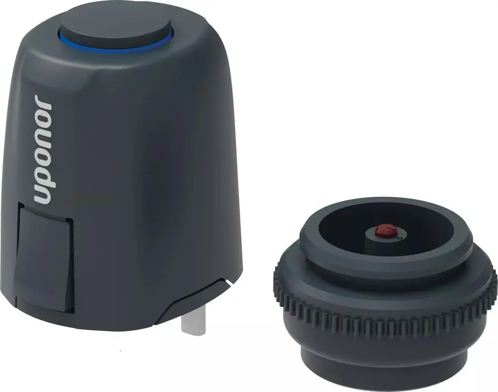 Uponor Vario PLUS Stellantrieb in schwarz, bestehend aus einer Steuereinheit mit Steckanschluss und einer separaten Montageeinheit mit drehbarem Ring.